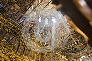 Rila monastery church ceiling paintings interior, historical monastery in Bulgaria