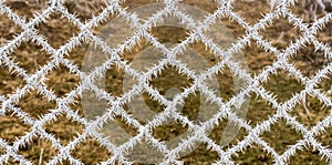 Detail of frozen fence. Mesh covered with frost.