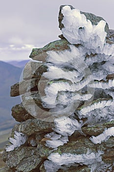 Rime ice on a cairn