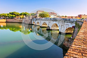 Rimini cityscape. Beautiful city landscape in Rimini, Italy. Famous Tiberius bridge. Ponte di Tiberio