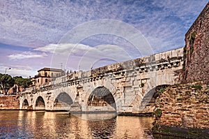 Rimini, Emilia Romagna, Italy. The ancient Roman arch bridge of Tiberius