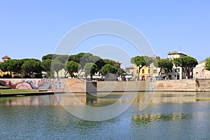 Rimini, Italy, July 2 2019: Plazza sullÃ¢â¬â¢Acqua, Park at the Tiberius Bridge in Rimini