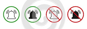 Ring Bell Red and Green Warning Signs. Loud Volume Area Line and Silhouette Icons Set. Allowed and Prohibited Silent