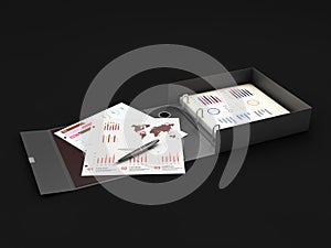 Ring binder folder with charts, 3d Illustration. Office cardboard folder branding presentation.