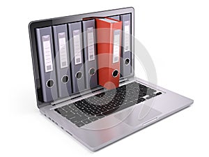 Ring binders, file folders inside the screen of laptop on white