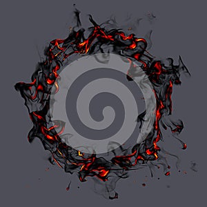 Ring of black smoke,fire and sparks  isolated on gray background