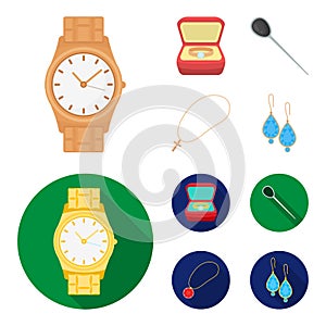 Ring in a case, hair clip, earrings with stones, a cross on a chain. Jewelery and accessories set collection icons in