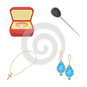 Ring in a case, hair clip, earrings with stones, a cross on a chain. Jewelery and accessories set collection icons in