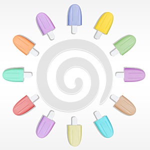 Ring of colorful popsicles ice cream sticks on white banner