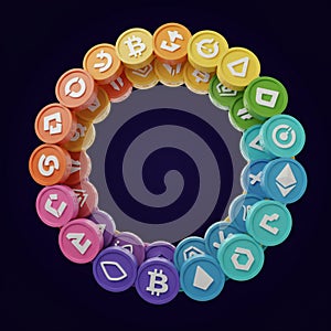 AI Generated Image of Cryptocurrency Coins in Rainbow Colors Against Dark Background photo