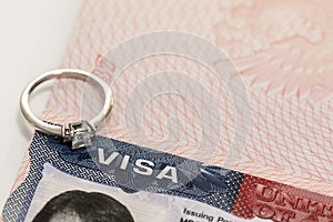 Ring with decoration on the background of the US visa