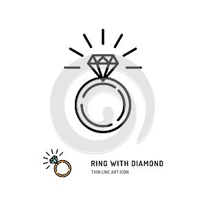 Ring With Diamond Icon, engagement and wedding ring. Line art design, Vector illustration