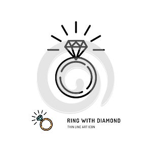 Ring With Diamond Icon, engagement and wedding ring. Line art design, Vector illustration photo