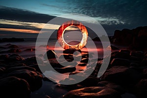 a ring of fire on the beach at sunset