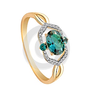 Ring of gold with diamonds and emeralds on white background