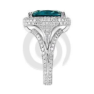 Ring of gold with diamonds and emeralds on white background