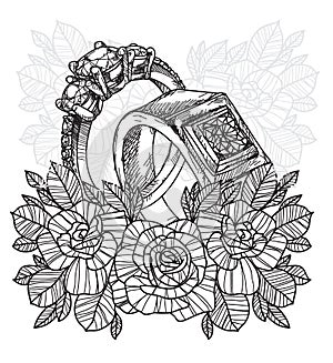 Hand drawing ring wedding caed and tatoo