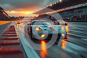 Ring racing cars race at high speed on a wet race track against the backdrop of spectator stands