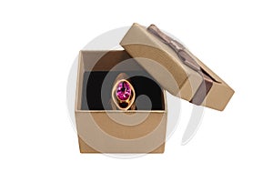 Ring with ruby gemstone in jewelry box