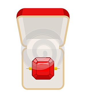 Ring with Ruby. Open box for jewelry. Illustration for betrothal