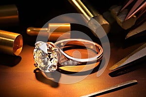 ring with unset diamond next to jewelers tools photo