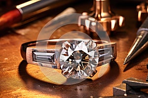 ring with unset diamond next to jewelers tools photo