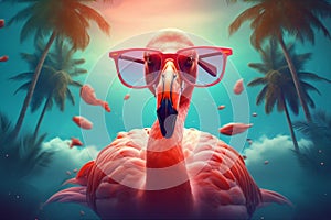 pink tropical flamingo bird summer animal sunglasses feather party hipster. Generative AI.