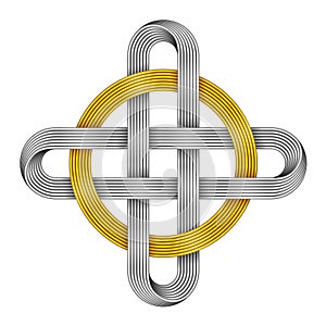 Ringed cross made of intersected strips. Celtic knot with circle symbol. Vector illustration