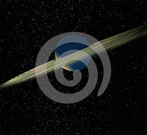 Ringed planet suspended in space with light reflection on the sirfaces