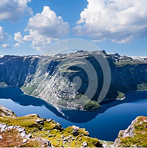 Ringedalsvatnet - blue mountain lake near Trolltunga, Norway