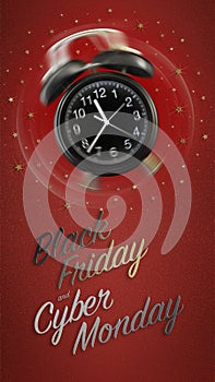 Ringing alarm clock with black Friday and cyber Monday text isolated on red sparkle background with stars, ticket gift card or