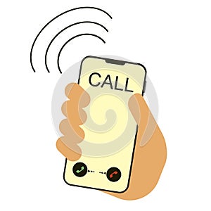 Ringing phone in hand in flat style. Mobile phone ringing vector illustration with signal waves and vibration