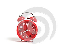 Ringing red alarm clock, isolate on white background, eight morning or evening