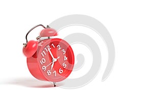 Ringing red alarm clock, isolate on white background, eight morning or evening