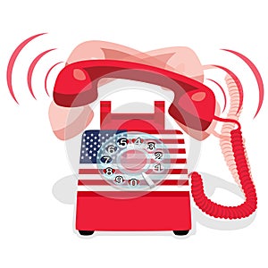 Ringing red stationary phone with rotary dial and flag of USA photo