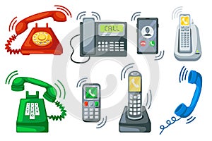 Ringing telephone. Old telephone ring with handset, incoming call on smartphone and office phone cartoon vector set