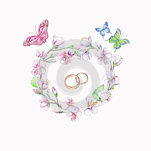 Rings, cherry, apple, flowers, butterfly. Watercolor isolated object.