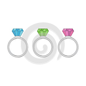 Rings diamond, ruby, emerald and sapphire on a white background.
