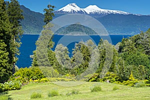 Rinihue lake and Mocho-Choshuenco national reserve as background, Chile photo