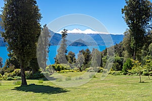 Rinihue lake and Mocho-Choshuenco national reserve as background, Chile photo