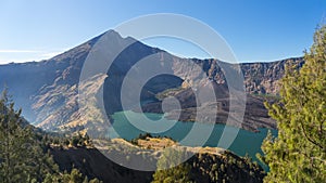 Rinjani volcano mountain and Anak lake landscape from Senaru crater