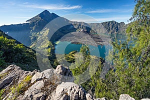 Rinjani volcano mountain view from Senaru crater, Lombok island, Indonesia