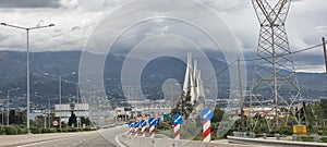 rio antirio bridge greece toll station cords signs patra city photo