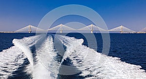 The Rio Antirrio Bridge or Charilaos Trikoupis Bridge, photo taken from the boat during summer holidays 2018