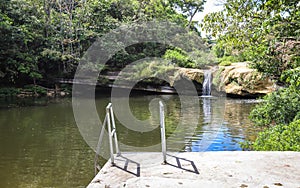 RIO BLANCO NATIONAL PARK, BELIZE - Apr 19, 2019: A ladder beside the swimming area at Rio Blanco Falls