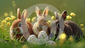 rio of bunnies amid grass and flowers with speckled Easter eggs in the foreground