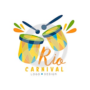 Rio Carnival logo design, bright fest.ive party banner or poster with drums vector Illustration on a white background