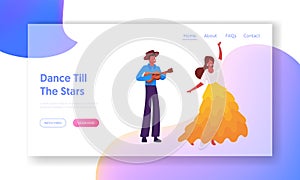 Rio Carnival Website Landing Page. Young Man Playing Ukulele Guitar to Girl Dancing Traditional Dance