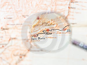 Rio de janeiro Brasil, on an ancient map of south america. Travel agency advertising background