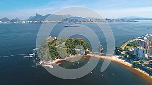 RIO DE JANEIRO, BRASIL - MAY, 2023: Drone aerial view of of a famous landmark Boa Viagem beach and Guanabara Bay. White